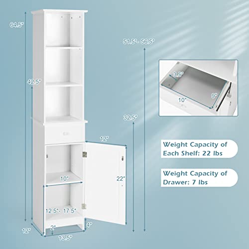 Tangkula Tall Bathroom Cabinet, Slim Storage Cabinet with 3 Tier Shelf, Drawer & Enclosed Narrow Floor Linen Tower Adjustable Shelves for Living Room, 13.5 x 12 64.5 Inches White