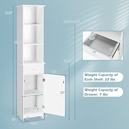 Tangkula Tall Bathroom Cabinet, Slim Storage Cabinet with 3 Tier Shelf, Drawer & Enclosed Narrow Floor Linen Tower Adjustable Shelves for Living Room, 13.5 x 12 64.5 Inches White