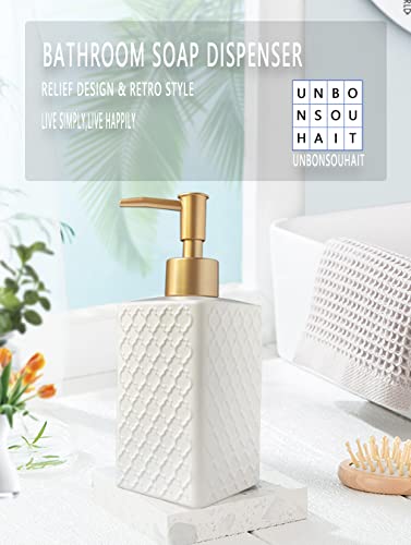 Gold Soap Dispenser for Bathroom,Retro White Square Lotion Dispenser, Refillable Countertop Ceramic Hand Soap Dispenser,Dish Soap Dispenser for Kitchen 350ml(Relief White Square Bottle) - color: Relief White Square Bottle