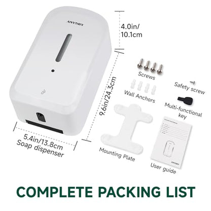 anydry Commercial Automatic Soap Dispenser 34oz Large Capacity Wall-Mounted | Touchless Liquid Dispenser, Five-Level Adjustment, Ideal for High-Traffic Bathroom, Restroom, Durable Wall-Mount Installation - color: White