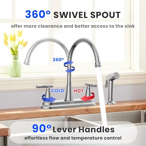 HURRAN 2-Handle Kitchen Faucet with Pull-Out Side Sprayer, 8 Inch High Arch Stainless Steel 360°Rotating Kitchen Sink Faucet, 4 Hole Faucet for Kitchen Bar Rv Camper, Chrome - color: Chrome, style: With Side Sprayer