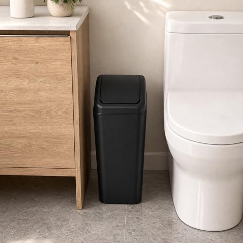 Slim Trash Can, 4.2 Gallon Black Swing Lid Garbage Bin | Space-Saving Narrow Design, Black Plastic, Swing-Top Cover Helps Contain Odors, for Bathroom, Bedroom, Office - color: Black