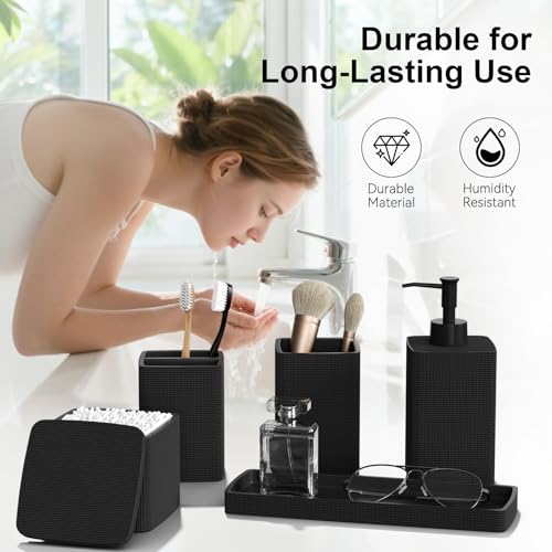 Matte Black Bathroom Accessories Set 5 Pieces, Resin Toothbrush Holders Set Complete with Soap Dispenser, Toothbrush Holder, Vanity Tray, Bathroom Tumbler and Qtip Holder for Small Spaces - size: 5 Pcs Bathroom Set, style: Black
