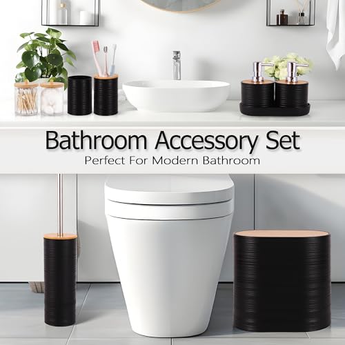 25 PCS Black Bathroom Accessories Set丨Shower Curtain Bathroom Accessory | All-in-One Kit with Shower Curtain,rug,Trash Can,Toothbrush Holder,Toilet BrushSoap Dispenser,Toothbrush Cup,etc for Home - color: Black