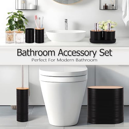 25 PCS Black Bathroom Accessories Set丨Shower Curtain Bathroom Accessory | All-in-One Kit with Shower Curtain,rug,Trash Can,Toothbrush Holder,Toilet BrushSoap Dispenser,Toothbrush Cup,etc for Home - color: Black