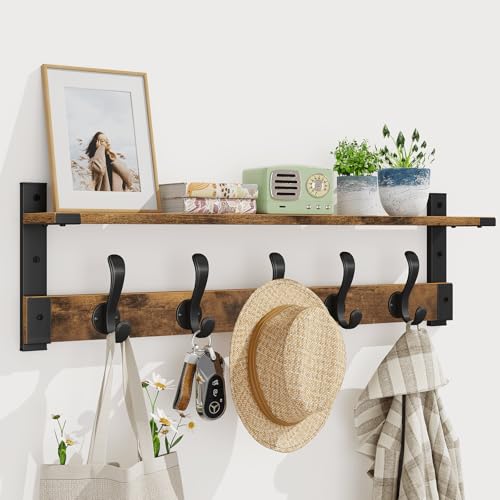 Homode Coat Rack Wall Mount, 29 Inch Long Shelf with Hooks, Wood Entryway Shelf with 5 Hangers for Hanging Hat Jacket Backpack Purse, Rustic Brown Black - color: Rustic Brown, size: 29 Inch Long