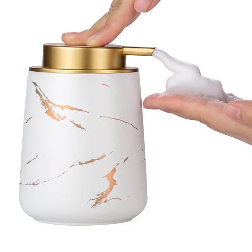 Enra Hand Foaming Gold Soap Dispenser,12 oz Ceramic Foam Soap Dispenser for Bathroom Countertop Kitchen Dispenser for Dish Soap with Easy-to-Press (Gold Foam Type2)