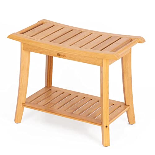 Unibambou Bamboo Shower Bench with Storage Shelf, Spa Bath Chair for Bathroom, Seat or Organizer for Living Room, Bedroom and Garden - Great for All Ages Unisex Elderly (Large, Natural) - color: Natural, size: Large 24x12x18 Inch