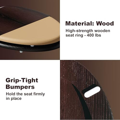 Round Wood Toilet Seat Support 400 lbs, Heavy Duty Wooden Toilet Seat with Natural Wood Veneer for Bathroom, Dark Walnut Toilet Lid with Chrome Hinges, Grip-Tight Bumpers, Easy Clean, Easy Install