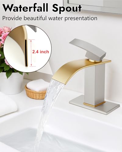 Midanya Waterfall Bathroom Faucet 1 Hole,Brushed Gold Spout/Brushed Nickel | with 24” Hoses,Pop Up Drain,6” Deck Plate,for 1 or 3 Hole Vanity,Lavatory,RV,Single Handle Bathroom Sink Faucet,NSF Certified - color: Gold Spout/Nickel