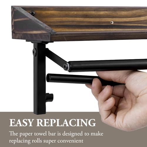 MyGift Black Metal Paper Towel Holder Wall Rack with Rustic Wood Shelf | Top shelf stores seasonings and essentials while the wall-mounted design keeps paper towels rolls accessible - color: Matte Black Metal Paper