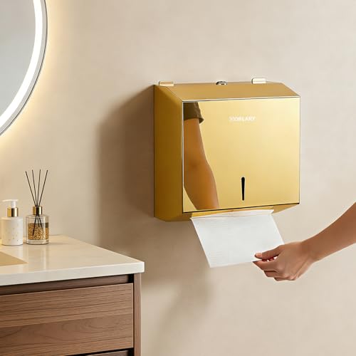 Gorlary Paper Towel Dispenser Wall Mount Commercial, Gold, Large Capacity | Polished Mirror Finish, Stainless Steel Paper Towel Dispenser with Lock, Fits C-Fold Multifold Trifold Paper Towels - color: Medium-gold