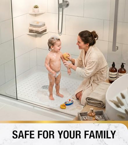 HITSLAM Square Shower Mat, Non Slip PVC Stall Mat, 24"x24", White | Power Grip Suction Cups, Center Drain Hole, Built-In Hanging Holes, Machine Washable Bathroom Floor Mat, Soft On Feet - color: Pure White