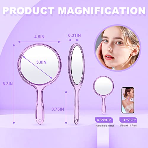 D Hand Mirror with Handle, Purple, Rounded Shape | 1X 2X Magnification, Double Sided , Acrylic, Small Handheld,Lightweight & Portable, - color: Small Purple