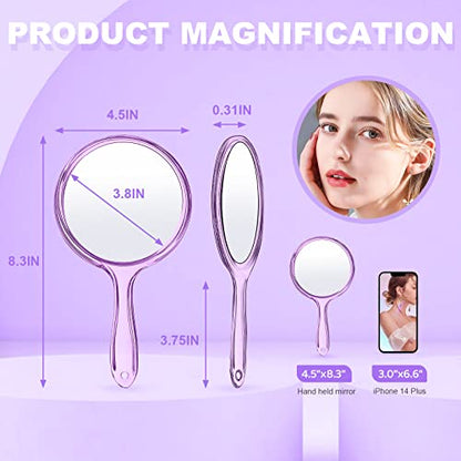D Hand Mirror with Handle, Purple, Rounded Shape | 1X 2X Magnification, Double Sided , Acrylic, Small Handheld,Lightweight & Portable, - color: Small Purple