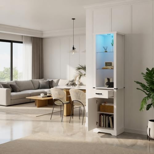 Pantry Cabinet, Storage Cabinet, White Bathroom Cabinet with LED Lights, 75 Inch Tall Linen Tower with Barn Door, Drawer and Adjustable Shelves