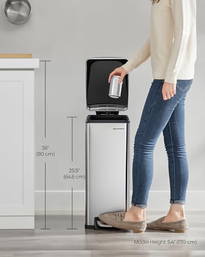 SONGMICS Slim Trash Can, 13-Gallon (50 L) Garbage Can for Narrow Spaces with Soft-Close Lid, Inner Bucket, and Step-on Pedal, Stainless Steel, 15 Trash Bags Included, Silver ULTB510E48 - color: Silver, style: 13 Gal.