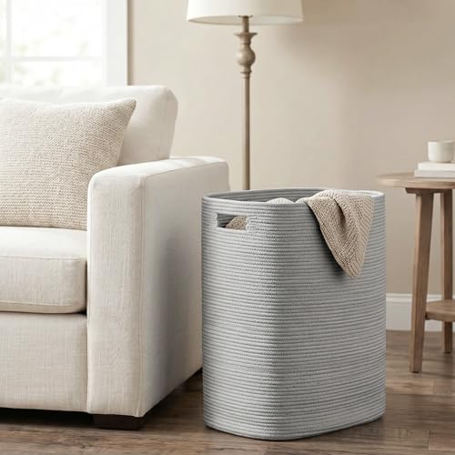Large Laundry Hamper 16"x13"x22" - Tall Woven Laundry Basket, Cotton Rope Dirty Clothes Hamper, Baby Kids Nursery Wicker Laundry Basket, Bedroom Aesthetic, Soft Laundry Bin, Gray Hamper, 75L - color: Gray