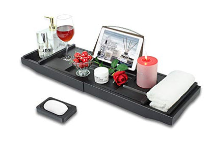HOME OF HOME Luxury Bamboo Bathtub Caddy Tray for Tub - Bath Stand Shower Drink Holder with Extending Sides - Wood Bath Tray Expandable with Book and Wine Holder (Black)