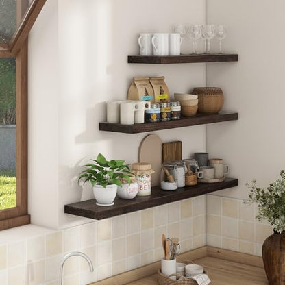 Floating Shelves for Wall, 56in Reclaimed Elm Wood Shelves, Walnut | 8" Deep Wall Shelf, Invisible Bracket, Large Long Wall Mounted Shelves, Living Room, Bedroom, Kitchen, Bathroom - color: Walnut Flat Edge, size: 55 inches - 1P