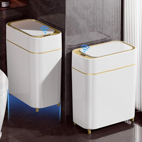 2-Pack Automatic Bathroom Trash Can with Lid, Slim Motion Sensor Garbage Can, Waterproof Touchless Trash Bin, Smart Trashcan for Bedroom, Living Room, Narrow Space, 2.3 Gallon, White+Gold Trim - color: White+Gold Trim