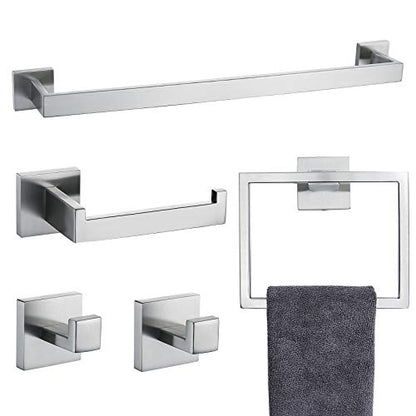 Towel Bar Set 5 Pieces Brushed Nickel Bathroom Hardware Set|Stainless Steel Wall Mounted 23.6-Inch Towel Rack - color: Brushed