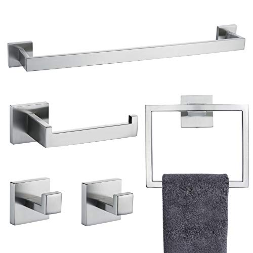 Towel Bar Set 5 Pieces Brushed Nickel Bathroom Hardware Set|Stainless Steel Wall Mounted 23.6-Inch Towel Rack - color: Brushed