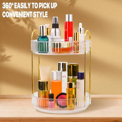 360 Spinning Makeup Organizer, Rotating Bathroom Makeup Holder Rack, Large Capacity Cosmetic Carousel Storage with 2 Tier Perfect for Dresser Bedroom Vanity (Clear)