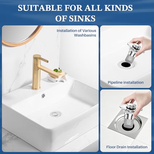 Bathroom Sink Drain Strainer,Pop Up Sink Stopper with Removable Stainless Steel Hair Catcher Basket, Anti-Clog Bathroom Sink Drain Plug for 1.1-2.36 Inch Drain Holes (Sliver 5Pcs) - color: Sliver-5pcs
