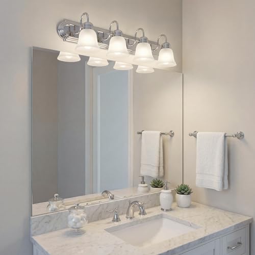 Kichler 30" 4-Light Vanity Bath Light in Chrome, Modern Bathroom Light with Clear Satin Etched Glass, ("30" W x 8" H), 5338CHS - color: Chrome, size: 30"