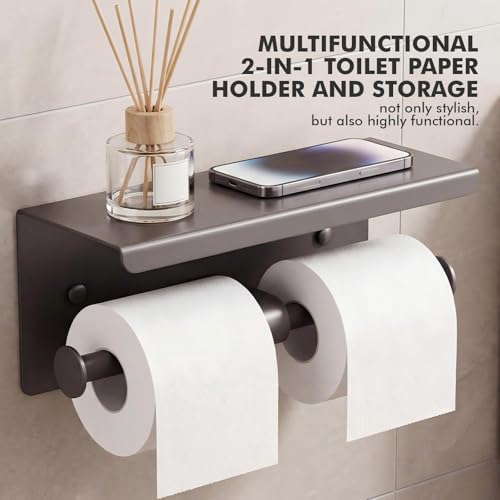 Double Toilet Paper Holder with Shelf, Wall Mount Tissue Roll Holder for Bathroom, 304 Stainless Steel Commercial Toilet Tissue Dispensers with Phone Shelf(Grey) - color: Grey