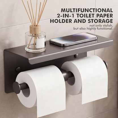 Double Toilet Paper Holder with Shelf, Wall Mount Tissue Roll Holder for Bathroom, 304 Stainless Steel Commercial Toilet Tissue Dispensers with Phone Shelf(Grey) - color: Grey