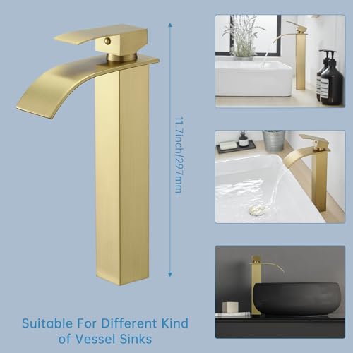 RUMOSE Tall Bathroom Faucet Vessel Sink Faucet with Drain, Brushed Gold | Modern Single Handle One Hole Bathroom Faucet Waterfall Rv Lavatory Vanity Faucet Mixer Tap, Pop Up Drain, Stainless Steel - color: Brushed Gold