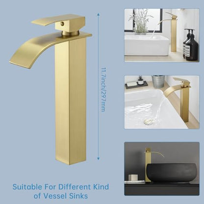 RUMOSE Tall Bathroom Faucet Vessel Sink Faucet with Drain, Brushed Gold | Modern Single Handle One Hole Bathroom Faucet Waterfall Rv Lavatory Vanity Faucet Mixer Tap, Pop Up Drain, Stainless Steel - color: Brushed Gold