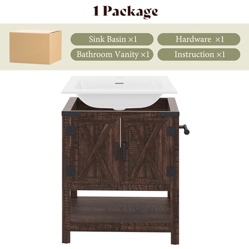 AMERLIFE 24" Brown Farmhouse Bathroom Vanity with Sink and Open Shelf | Rustic Brown, Single Solid White Integrated Top, Moisture-Resistant MDF, Barn Doors, Open Shelf, Paper Towel Holder - color: Rustic Brown, size: 24“