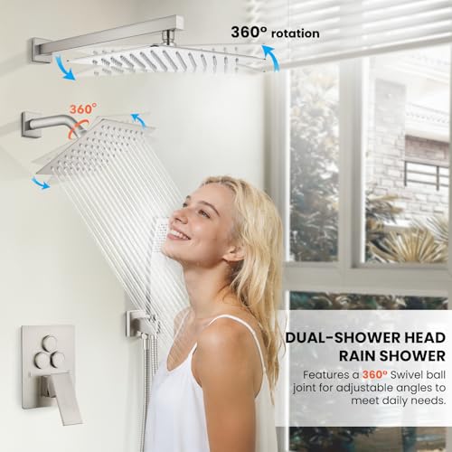 gotonovo Shower Faucet Set Push Button 10+6 Inch Dual Head Brushed Nickel | Rain Dual Shower Head System with Handheld Spray for Couple,Push Button Diverter,High Pressure Valve Trim Kit,All Metal - color: Nickel, size: 10+6 Inch Dual Head