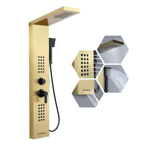 ROVATE 4 in 1 Rainfall Shower Panel Tower with Powerful Body Jets, Gold | High Pressure Stainless Steel Shower Column with Flexible Handheld, Waterfall Tub Spout, Adjustable Waterflow