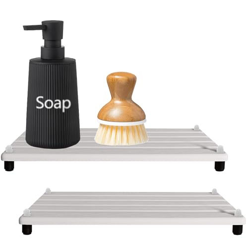 2 PCS Water Absorbing Stone Trays for Bathroom Sink Fast Drying Coasters | 11" x 4.7", Faucet Mat for Kitchen Sink, Diatomite Sink Caddy, Hand Soap Holder with Feet, Diatomaceous Earth, Vanity Tray - color: 11" X 4.7" White