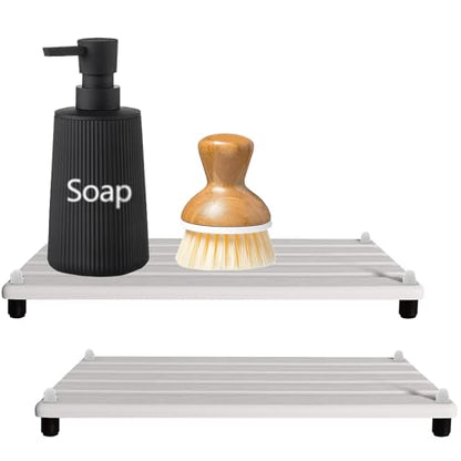 2 PCS Water Absorbing Stone Trays for Bathroom Sink Fast Drying Coasters | 11" x 4.7", Faucet Mat for Kitchen Sink, Diatomite Sink Caddy, Hand Soap Holder with Feet, Diatomaceous Earth, Vanity Tray - color: 11" X 4.7" White