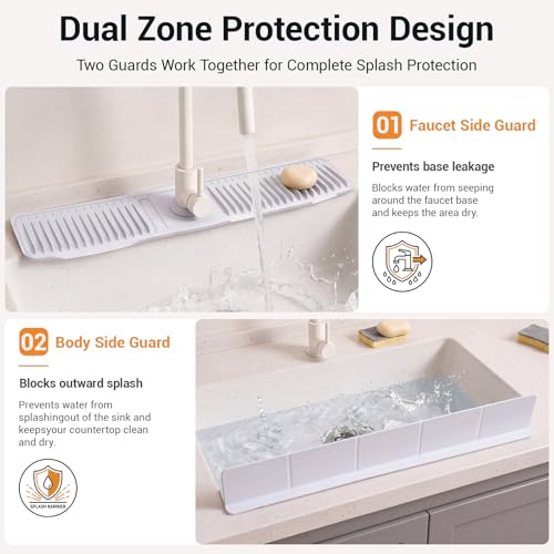 2 Pcs Kitchen Sink Splash Guard Set, 24 Inch Silicone Faucet Mat for Kitchen Sinks + 23 Inch Sink Backsplash Guard, Self Draining Faucet Splash Guards Behind Faucets, Food Grade Silicone, Gray