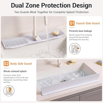 2 Pcs Kitchen Sink Splash Guard Set, 24 Inch Silicone Faucet Mat for Kitchen Sinks + 23 Inch Sink Backsplash Guard, Self Draining Faucet Splash Guards Behind Faucets, Food Grade Silicone, Gray