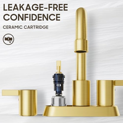 Brushed Gold 4 Inch 2 Handle Centerset Lead-Free Bathroom Faucet, Swivel Spout with Copper Pop Up Drain and 2 Water Supply Lines, BF015-1-BG - color: Brushed Gold