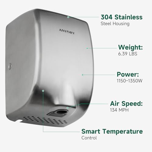 anydry Compact Hand Dryer for Bathrooms, Brushed Stainless Steel Finish | Ideal for Commercial or Home Use, High-Speed Airflow, Fast Drying, AC 100–130 V~, Smart Warm Wind, Easy Hardware Wiring - color: Brushed Stainless Steel