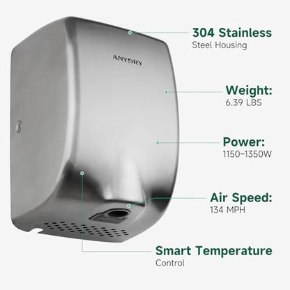 anydry Compact Hand Dryer for Bathrooms, Brushed Stainless Steel Finish | Ideal for Commercial or Home Use, High-Speed Airflow, Fast Drying, AC 100–130 V~, Smart Warm Wind, Easy Hardware Wiring - color: Brushed Stainless Steel