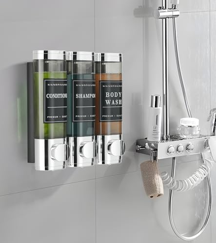 Shower Soap Dispenser Wall Mounted No Drill Shampoo Dispenser for Shower Wall Shampoo and Conditioner Dispenser Bathroom Hotel 3 * 300ml Chrome with Labels - color: Chrome