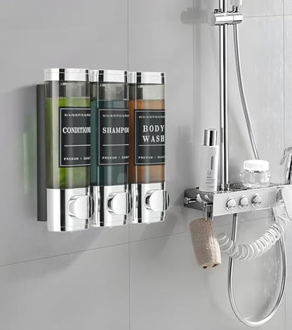 Shower Soap Dispenser Wall Mounted No Drill Shampoo Dispenser for Shower Wall Shampoo and Conditioner Dispenser Bathroom Hotel 3 * 300ml Chrome with Labels - color: Chrome