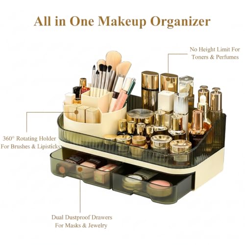 Makeup Organizer Countertop with Dual Drawers | Plastic, Vanity Bathroom Desk, 360° Rotating, Easy Clean, Cosmetic Skincare - color: green
