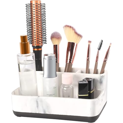 White Marble Design Makeup Organizer - Bathroom Counter Storage for Toothbrushes and Cosmetics - Anti-Slip Cabinet Holder with 4 Compartments - Ideal Vanity Accessory for Organizing Essentials - color: White Marble Design