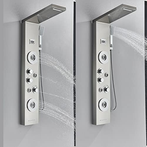 LED Light Shower Panel Tower Rainfall Waterfall Shower Head with Massager Jets Body System Jet Black B (Color : Brushed Nickel F) - color: Brushed Nickel F