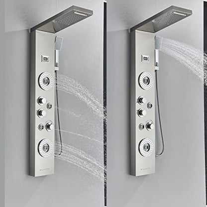 LED Light Shower Panel Tower Rainfall Waterfall Shower Head with Massager Jets Body System Jet Black B (Color : Brushed Nickel F) - color: Brushed Nickel F